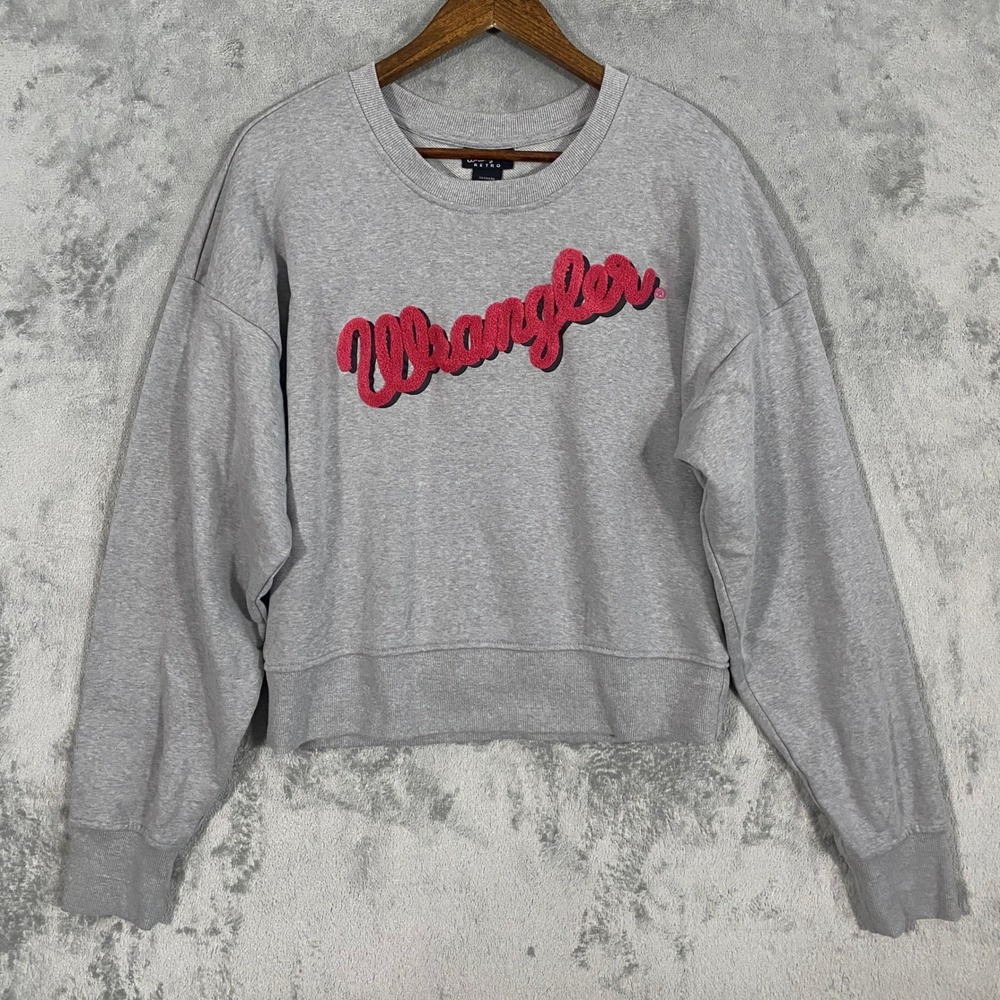 Wrangler Sweatshirt Sz L Gray Pink Logo Chenille Cropped Soft Cozy Streetwear